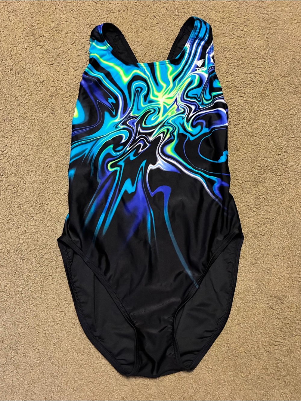 TYR Women's One-Piece Swimsuit in Black with Blue & Green Swirl Size 38
